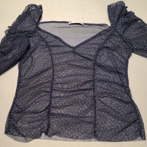 Zara Ruched Mesh Blouse Women Size Medium Navy Blue Polka Dot Puff Sleeve Top